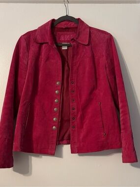Women's Genuine Leather Suede Button-Front Jacket - Hot Pink